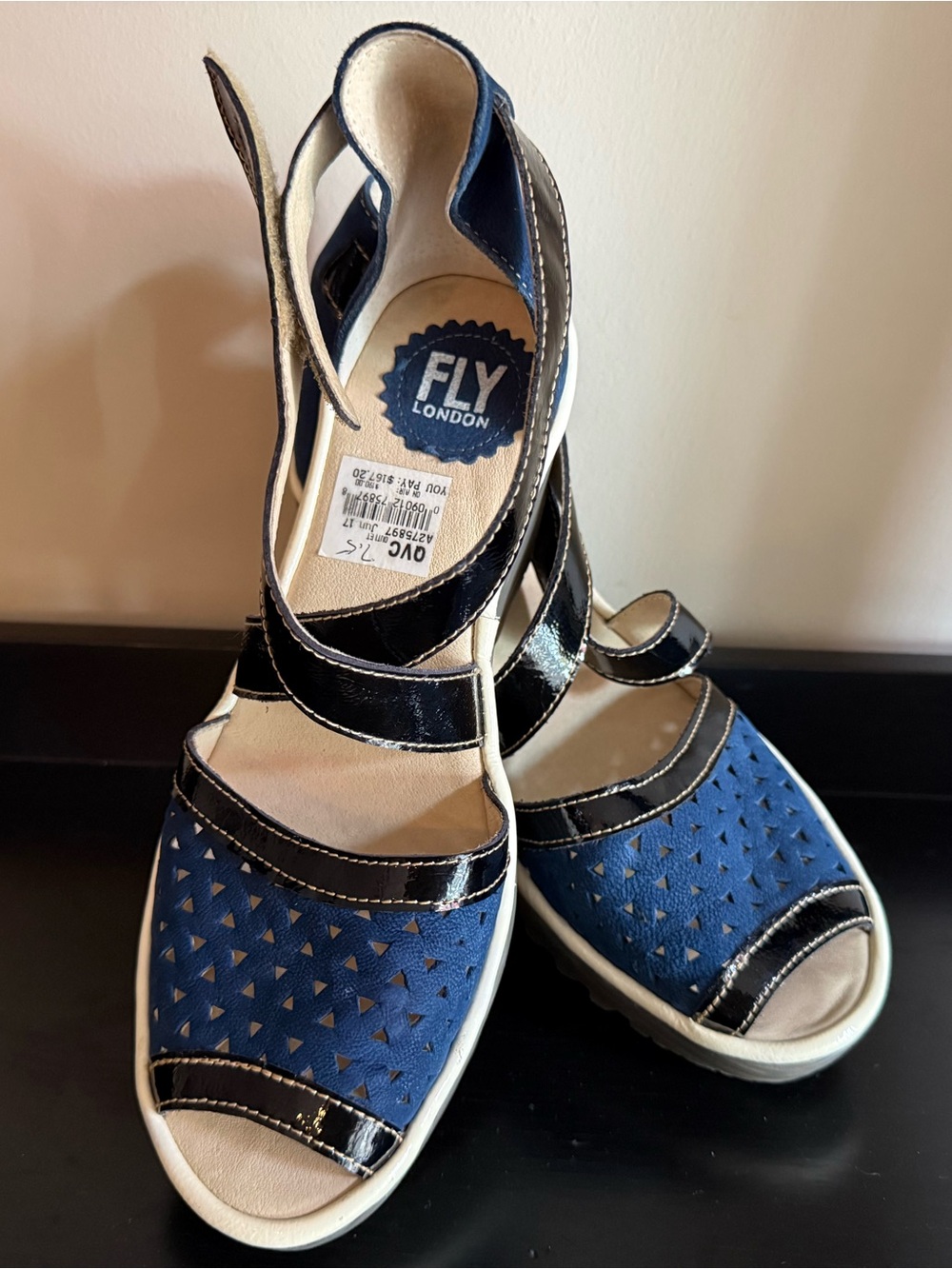 FLY London Blue Nubuck Patent Wedge Sandals NWOB QVC Size 38 EU 7.5 US